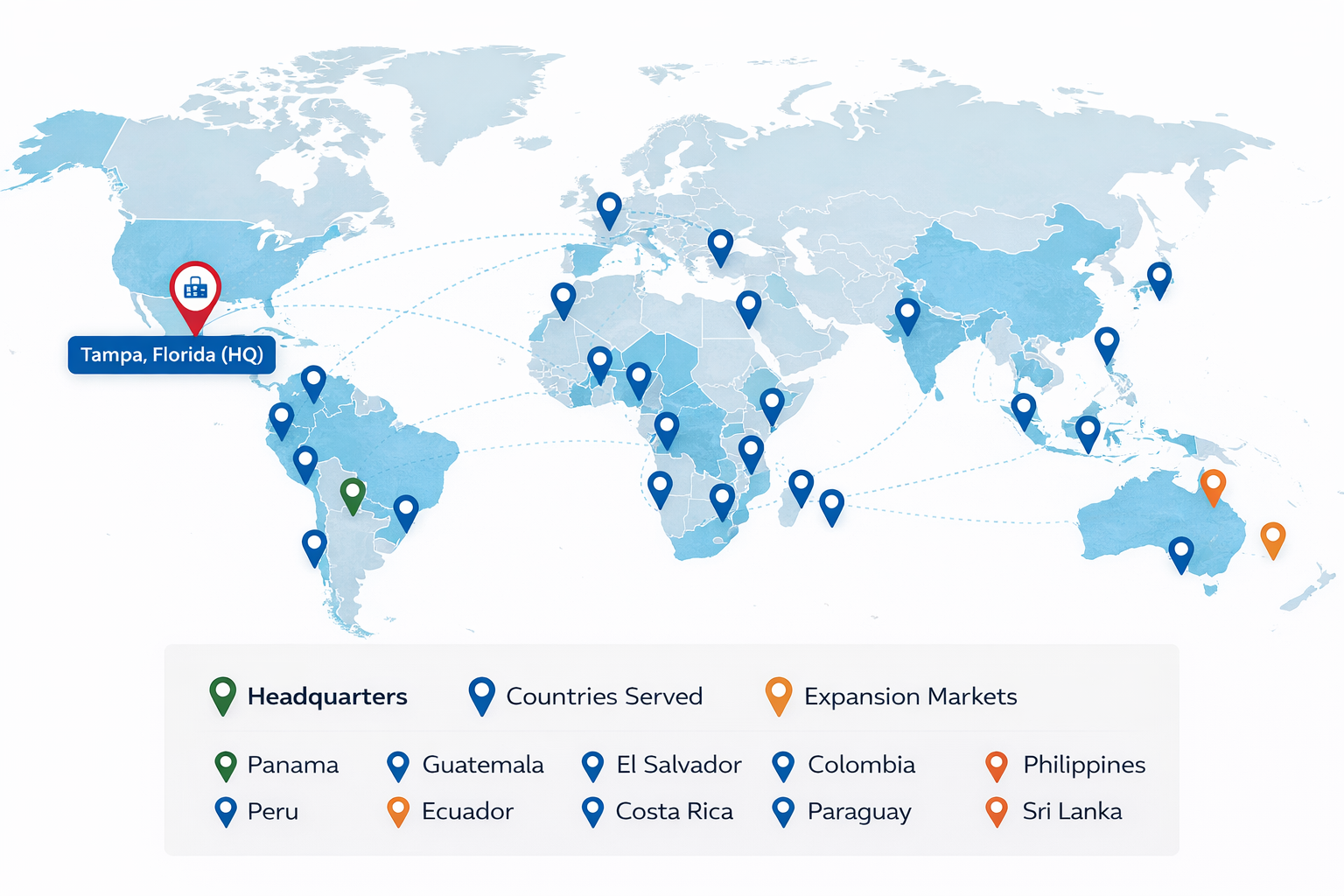 Rotala Global Coverage Map showing headquarters in Tampa, Florida and operations across Africa, Latin America, Asia and Oceania